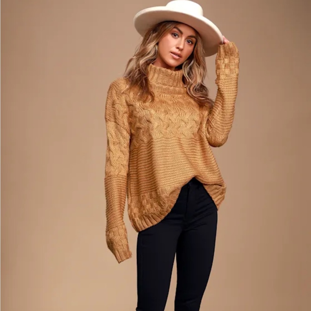Lulu’s adoring heart camel knit turtleneck sweater